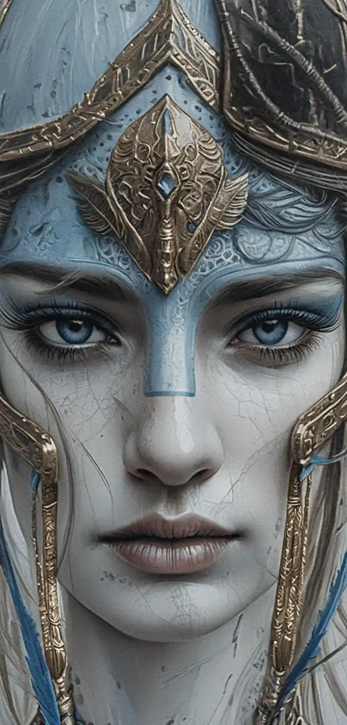 Fierce female warrior portrait in ornate blue and gold armor