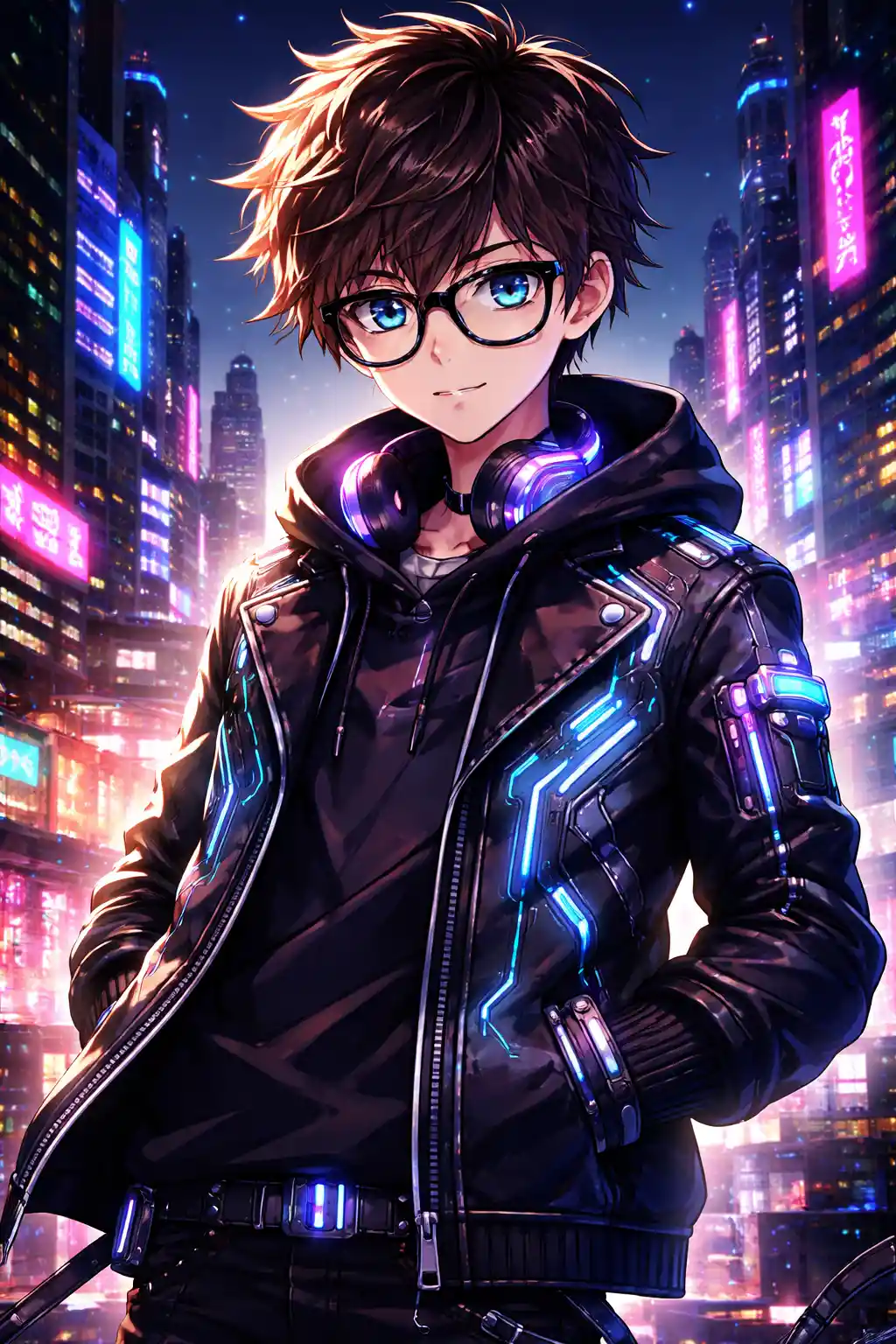 ネオンに輝くサイバーパンク都市のメガネ男子アニメキャラ