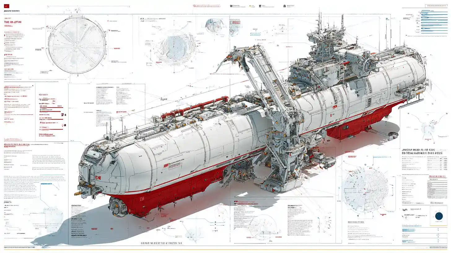 Colossal cargo spaceship technical 3D engineering diagram layout