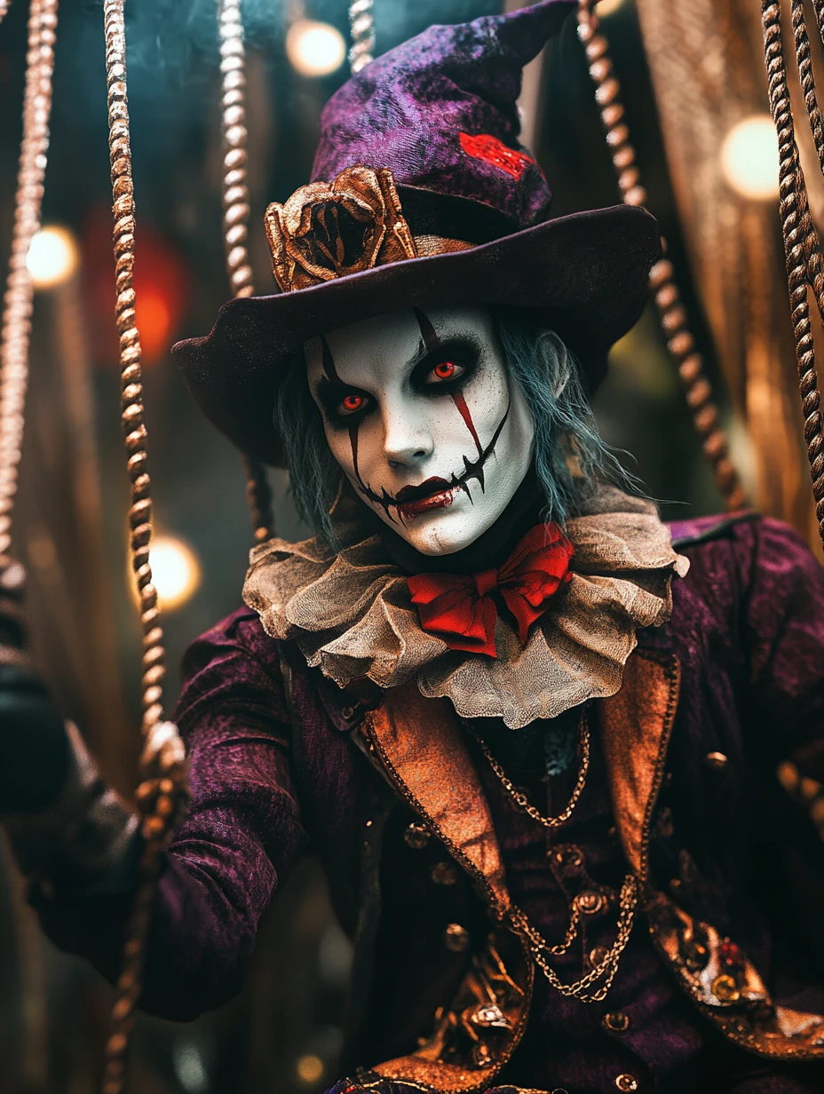 Evil monster faces haunt a dark horror winter circus
