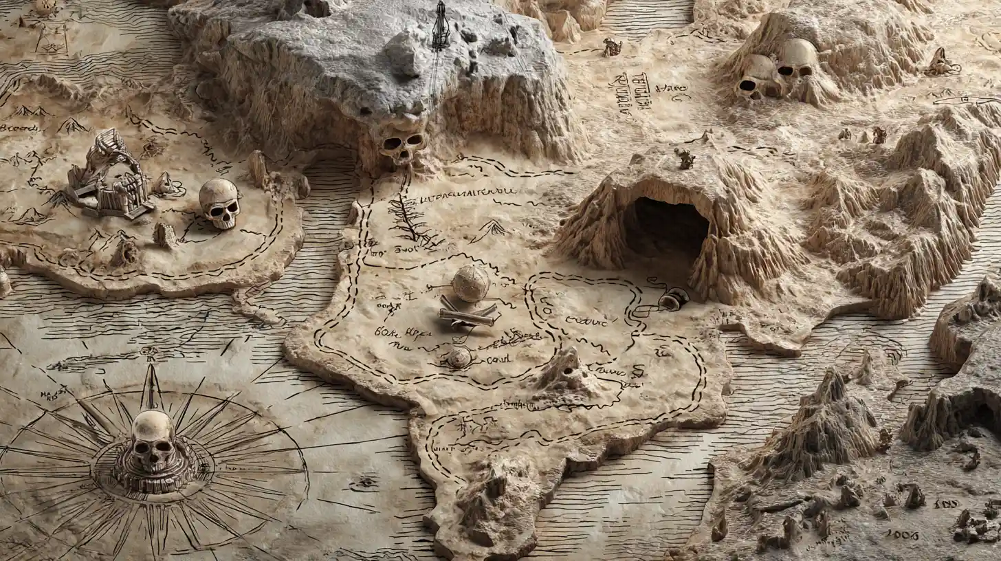 充滿洞穴與骷髏符號的奇幻 3D 海盜寶藏地圖