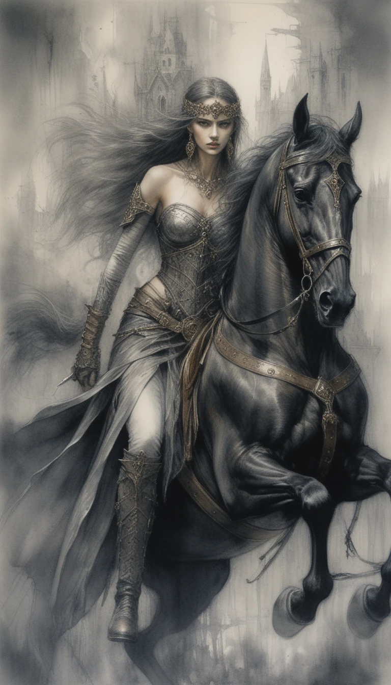 Regina guerriera dark fantasy su un destriero nero da guerra
