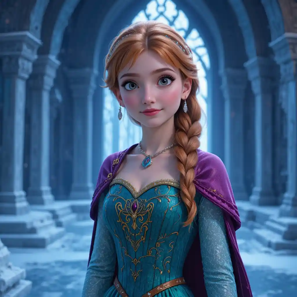 Girl in a golden ball gown inside a shining ice castle