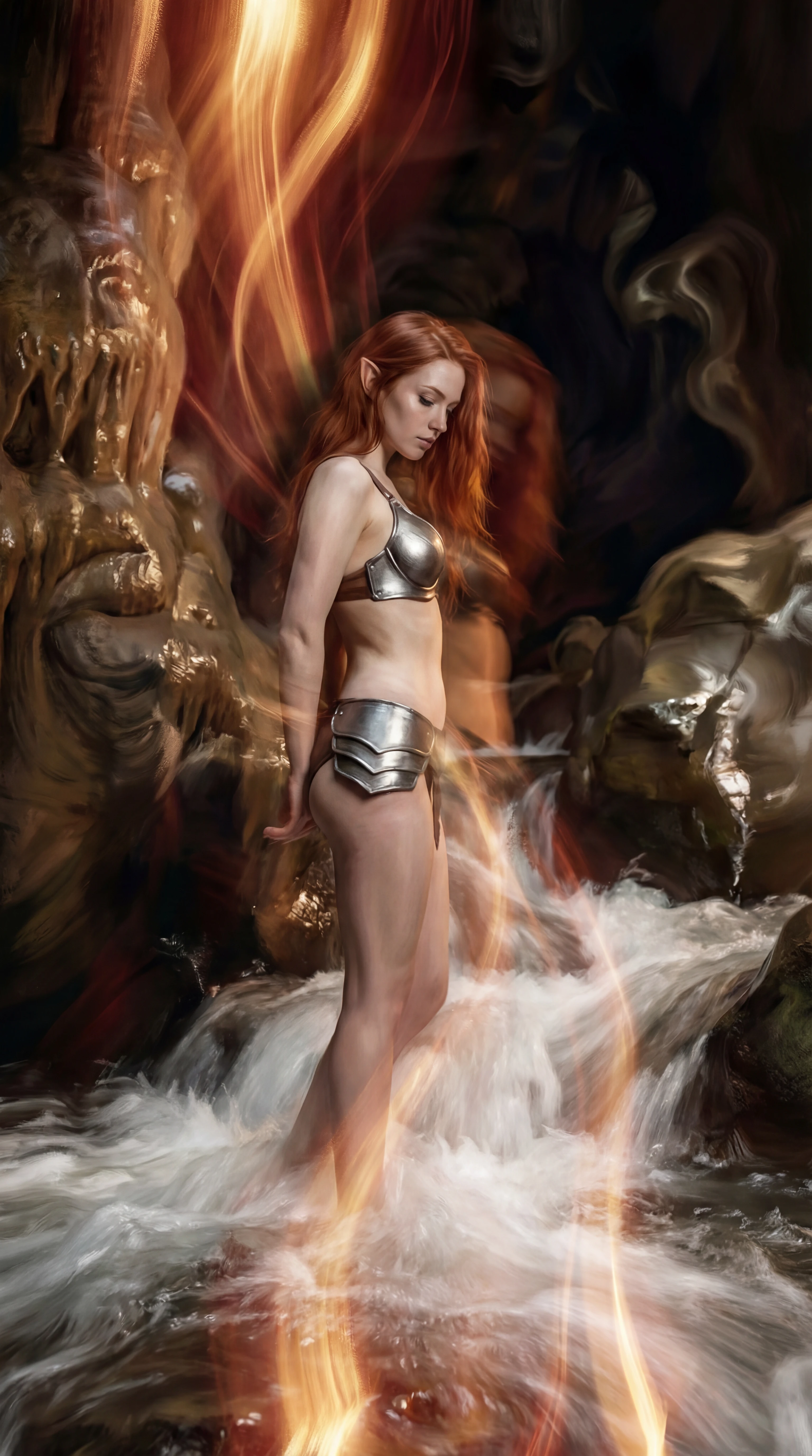 Contemplative elf priestess in a glowing dungeon stream