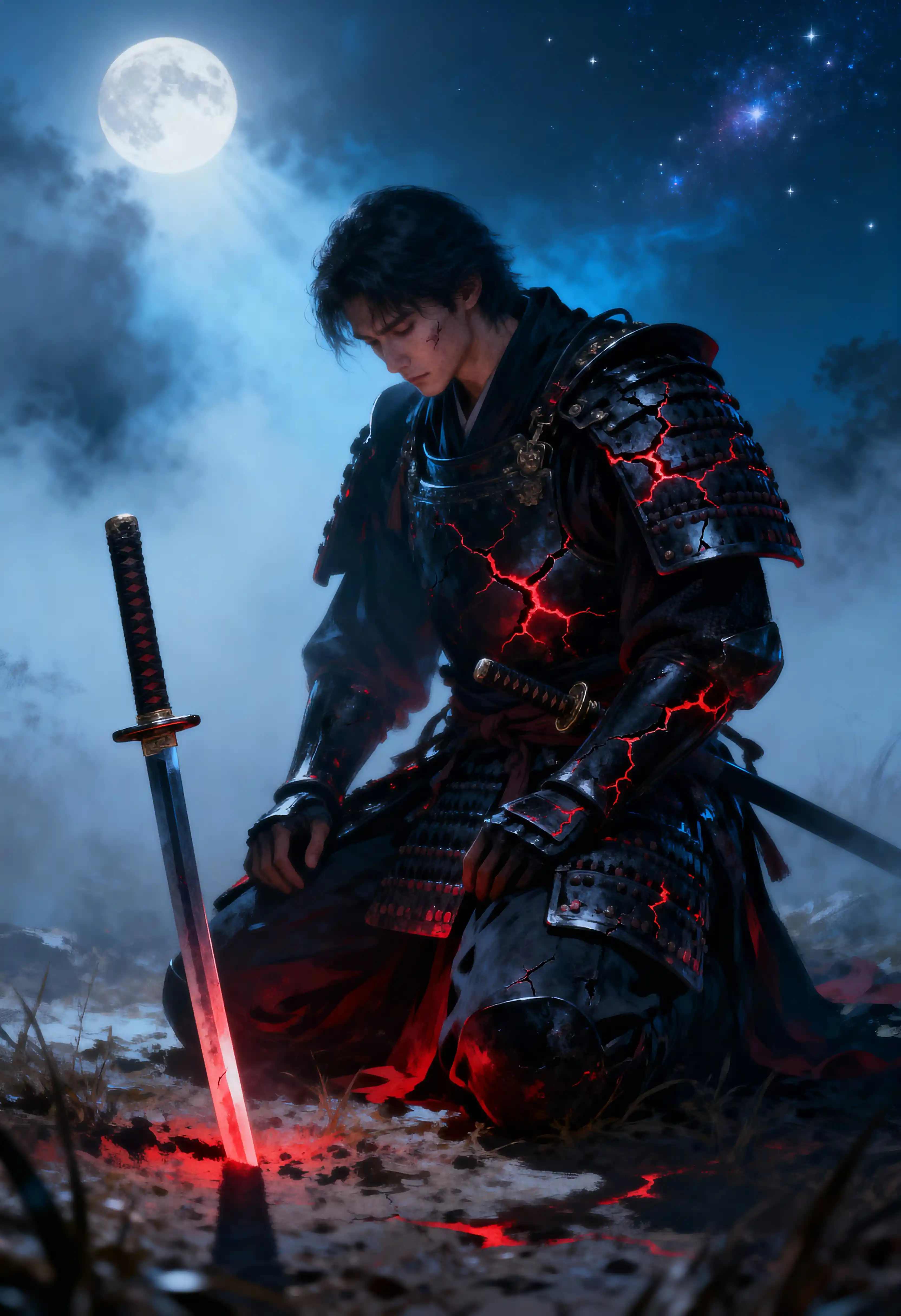 Battle scarred samurai kneeling under the moonlit fog