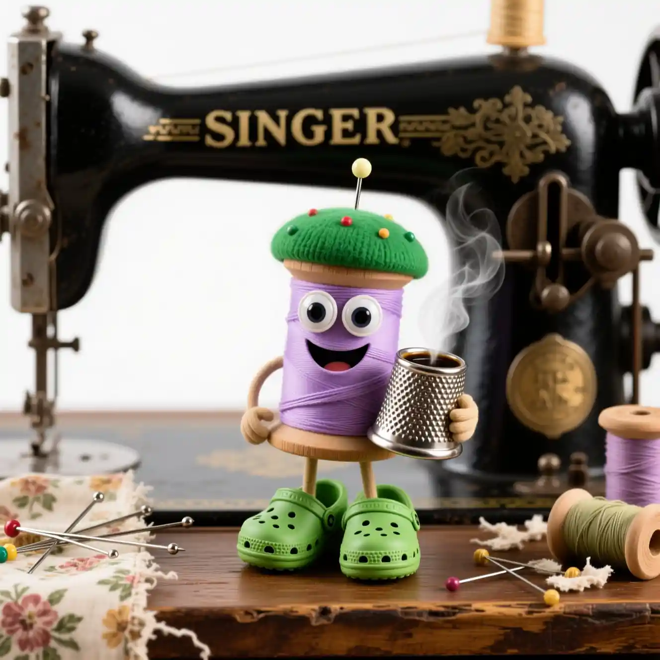 Verspielte violette Garnspulen-Figur mit Kaffee-Fingerhut