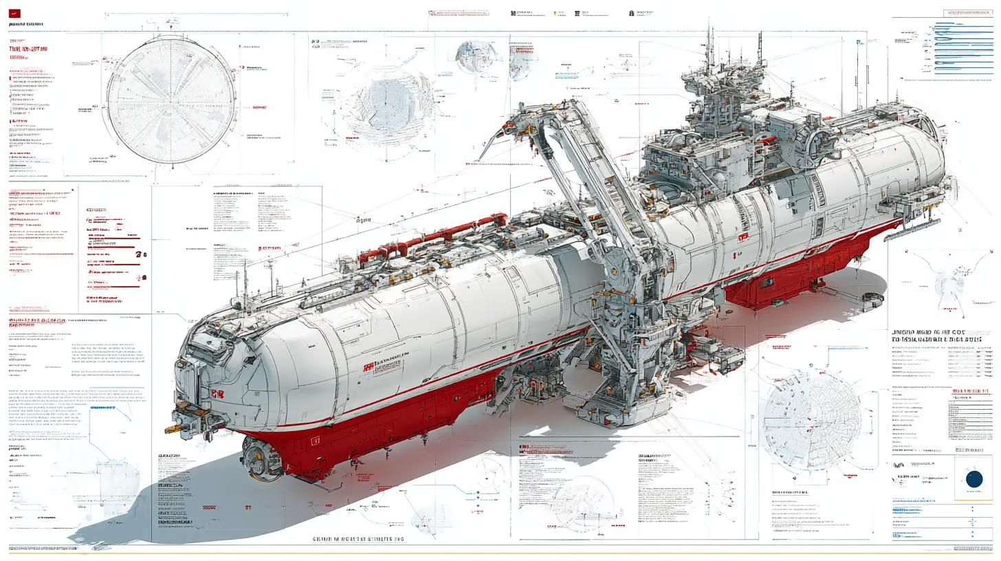 Colossal cargo spaceship technical 3D engineering diagram layout