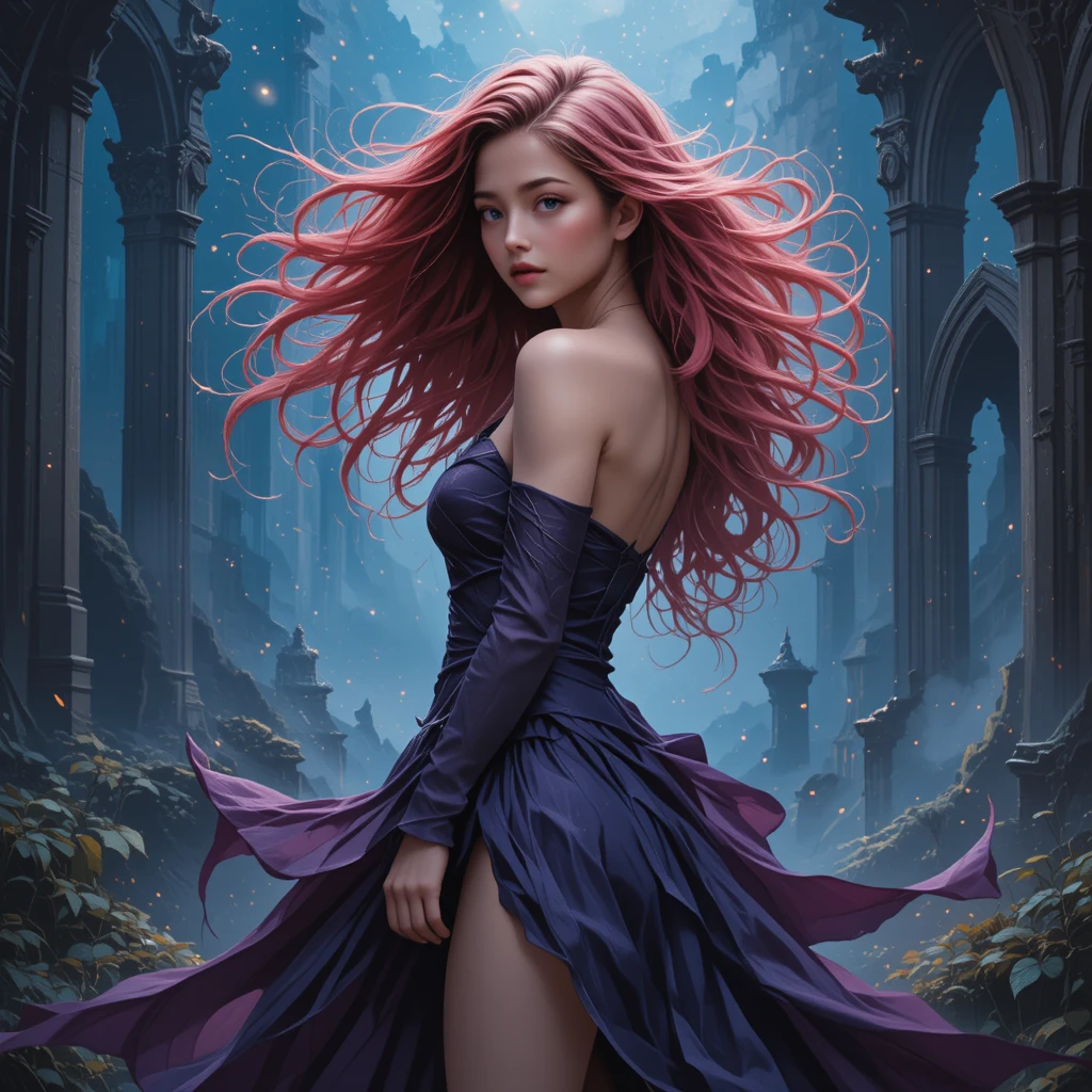 Fantasy woman in flowing hair standing among ancient ruins