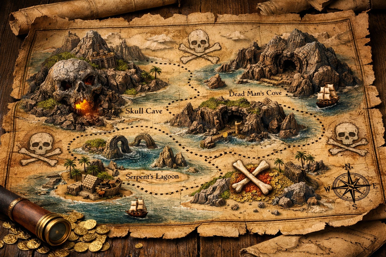 Detailed 3D fantasy pirate treasure map with skull symbols