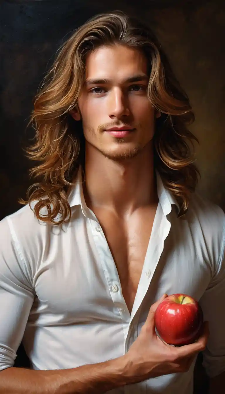 Young male model posing with apple in art class