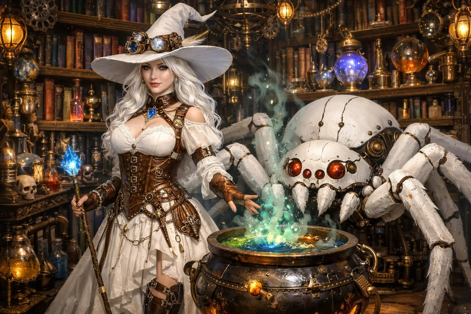 White steampunk witch in a magical library with cauldron