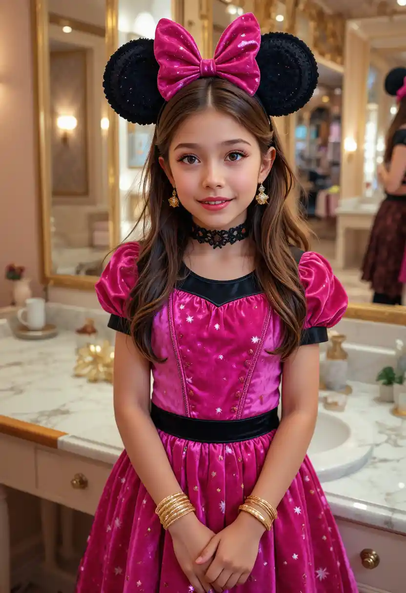 Tween boy in pink dress at boutique vanity mirror