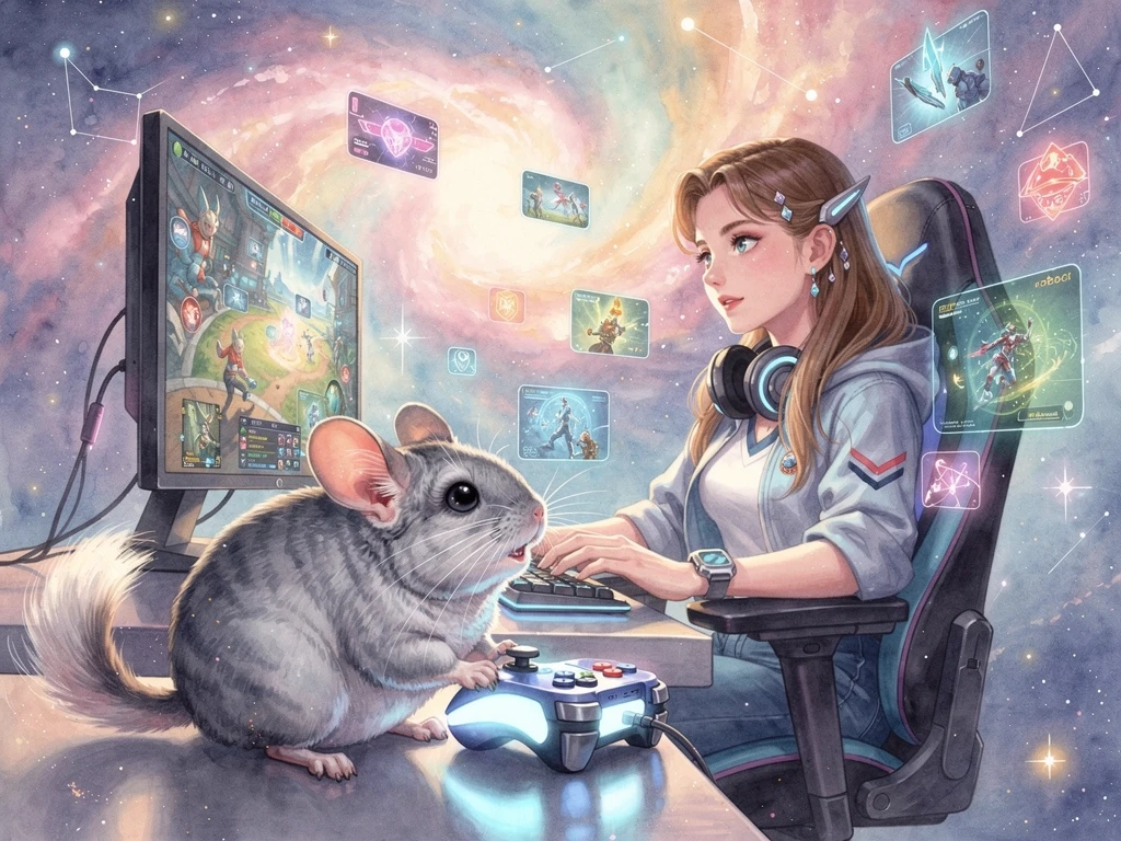 Young woman gaming at computer with fluffy chinchilla companion