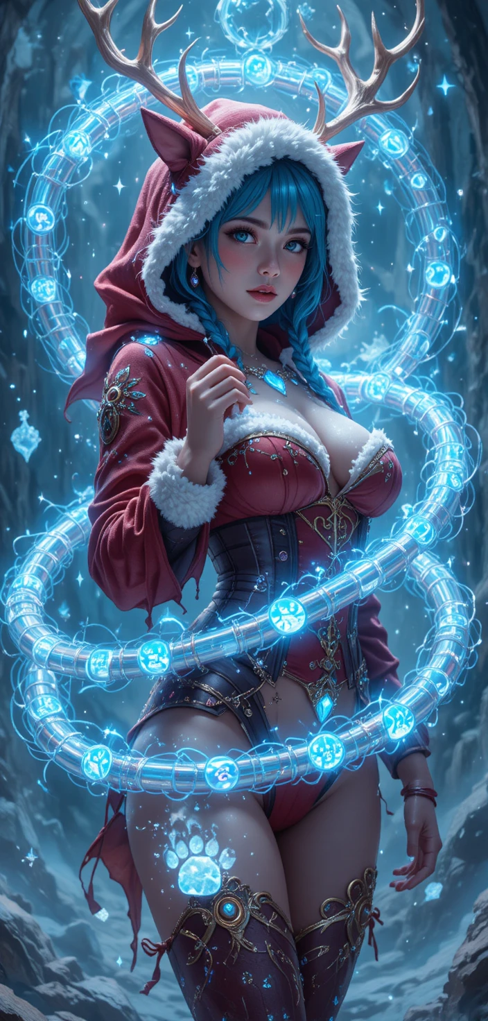 Donna fantasy giocosa avvolta da rune magiche luminose