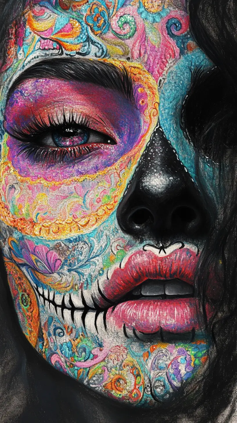 Surreal fashion portrait of woman fused with sugar skull