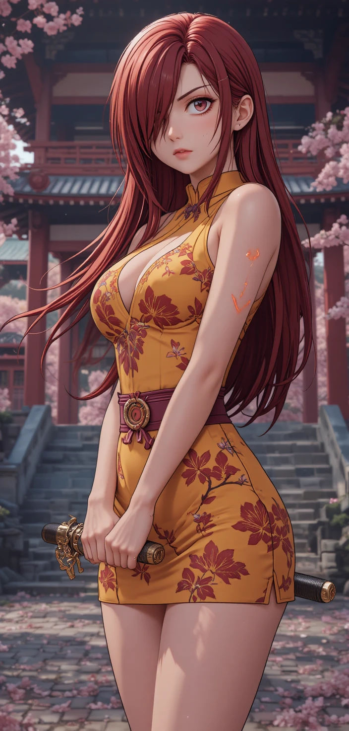 Anime warrior woman with twin katanas at a temple