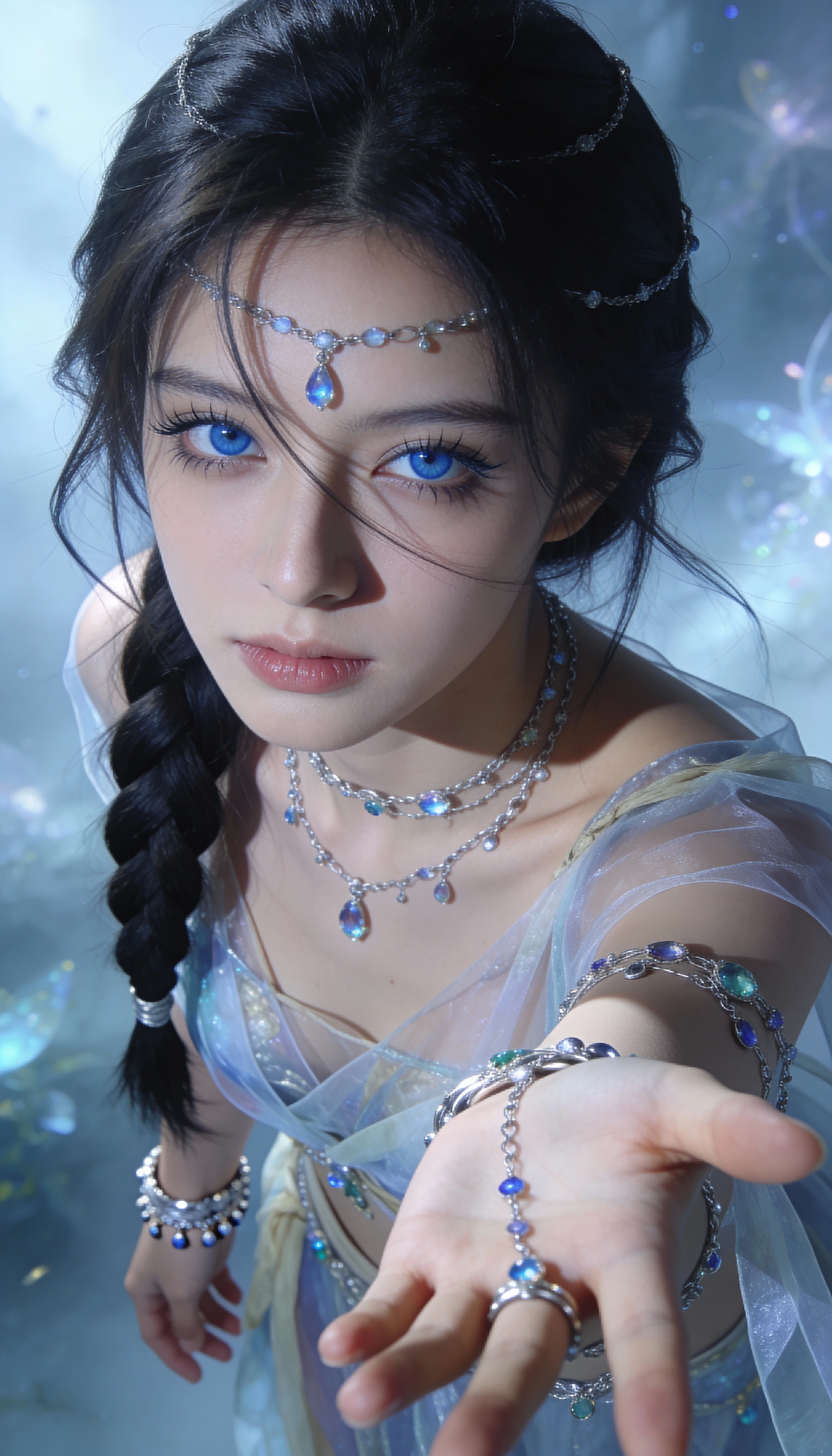Mystical blue eyed girl with jeweled braid in fantasy light