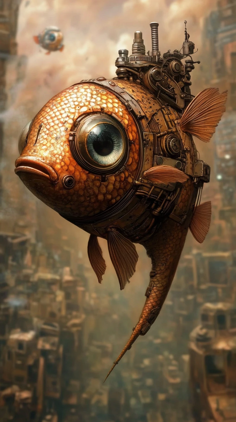 サイバネティックな魚が超現実的な夜の地平線から現れる