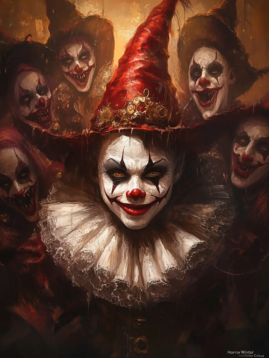 Evil monster faces haunt a twisted horror winter circus