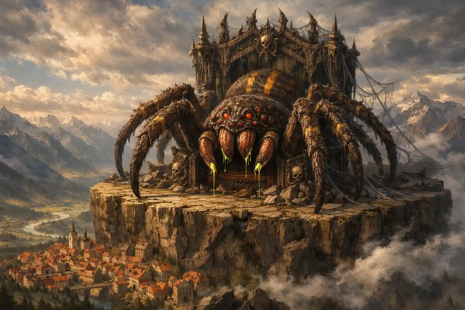Deus-aranha descansando em um trono acima de um vale montanhoso