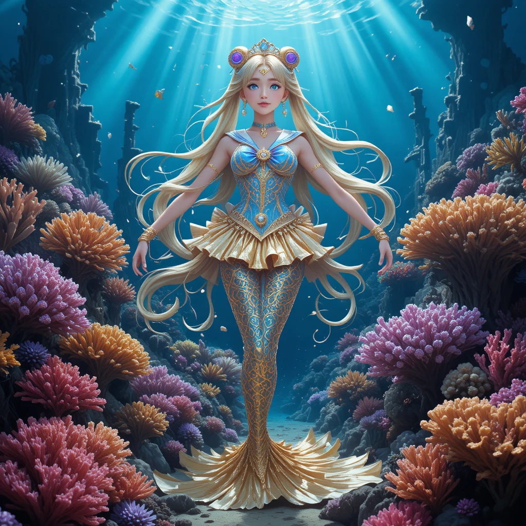 Majestic mermaid heroine amid a vibrant coral reef