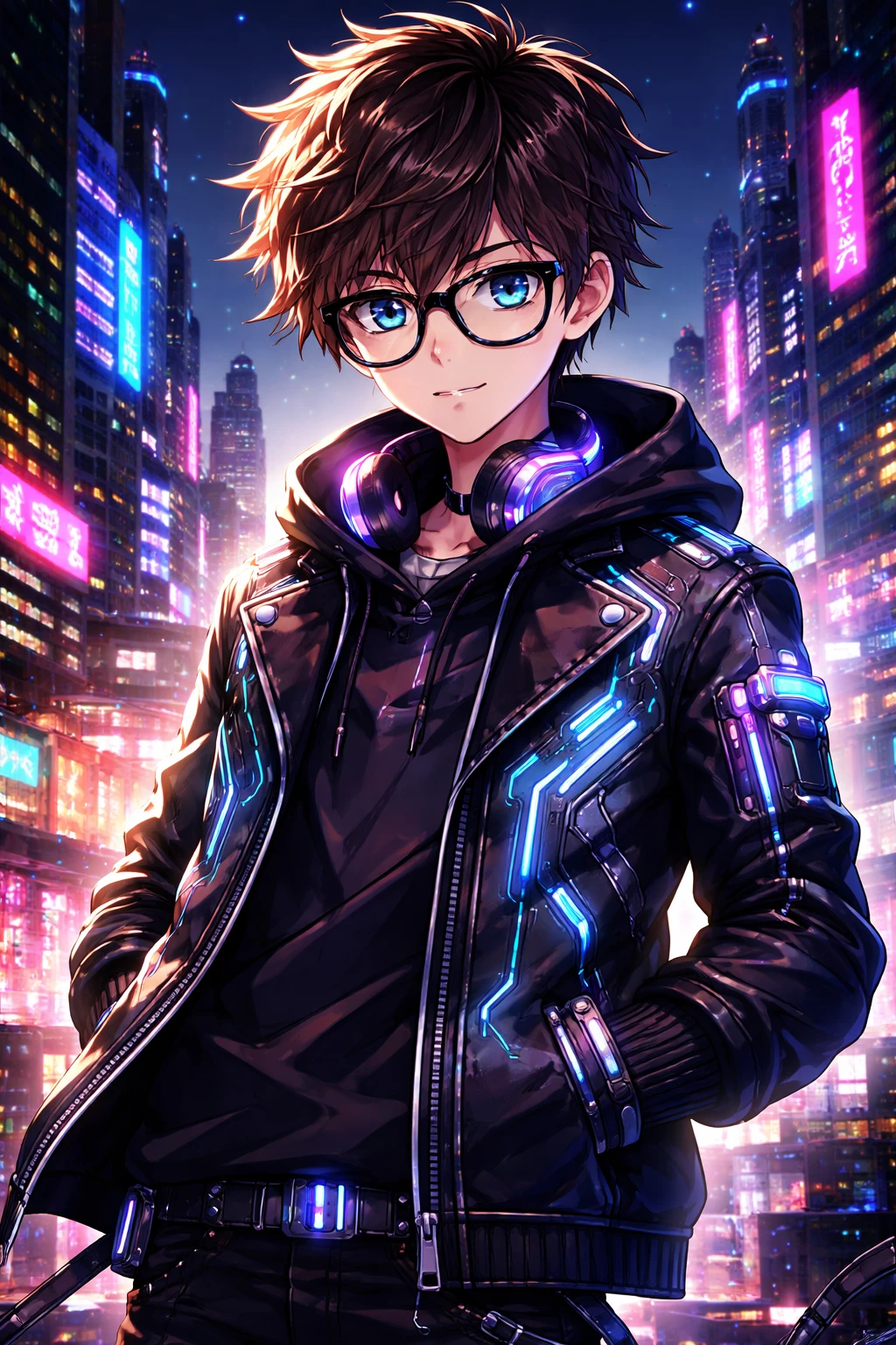ネオンに輝くサイバーパンク都市のメガネ男子アニメキャラ