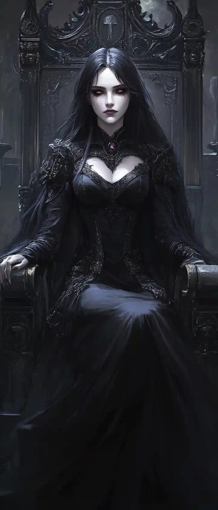 Dark fantasy queen seated on a gothic metal throne