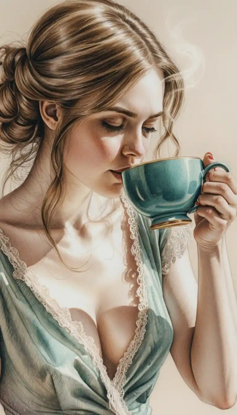 Elegant woman with tea by a sunlit window drawing