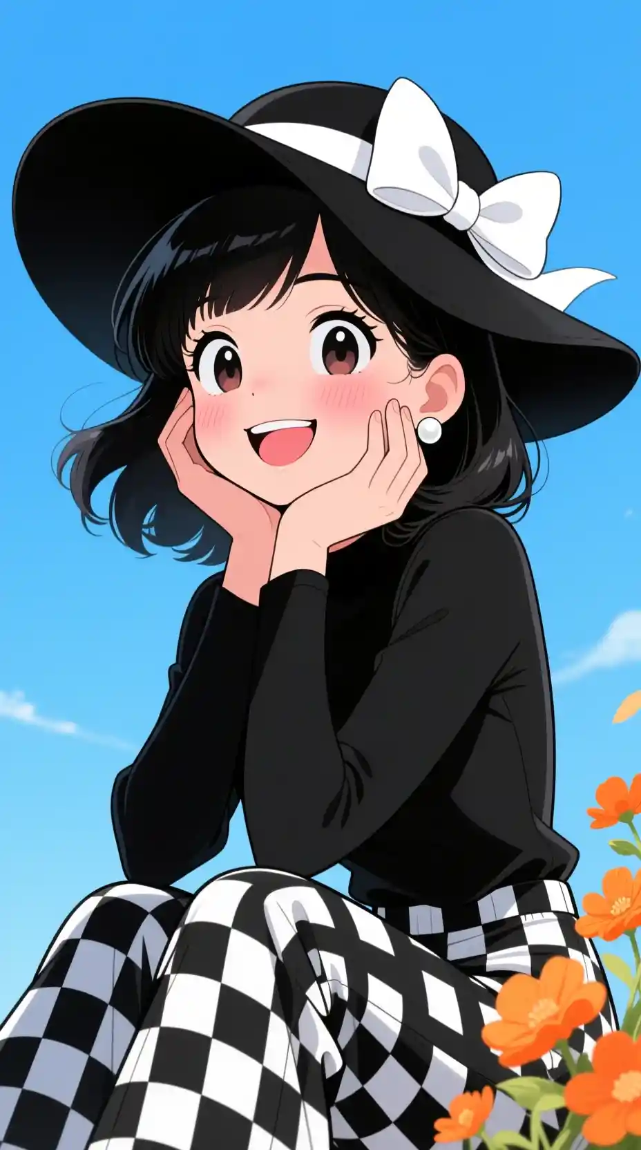 푸른 하늘 아래 검은 모자를 쓴 미소 짓는 애니메이션 소녀
