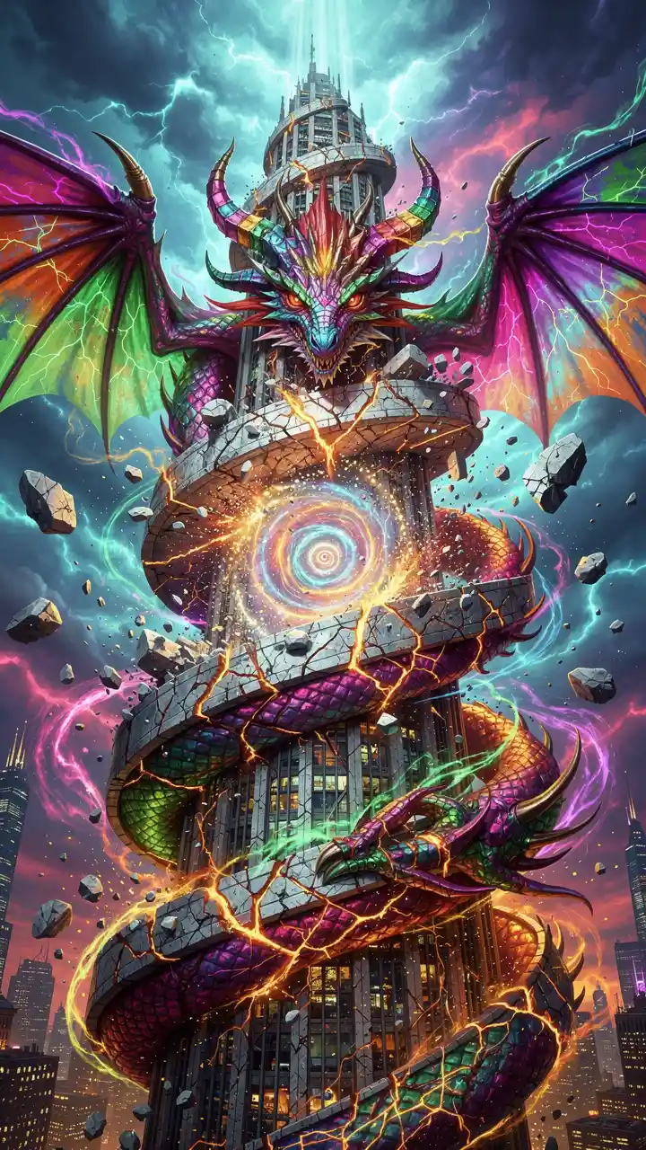 Grattacielo drago contorto sotto un cielo di tempesta al neon