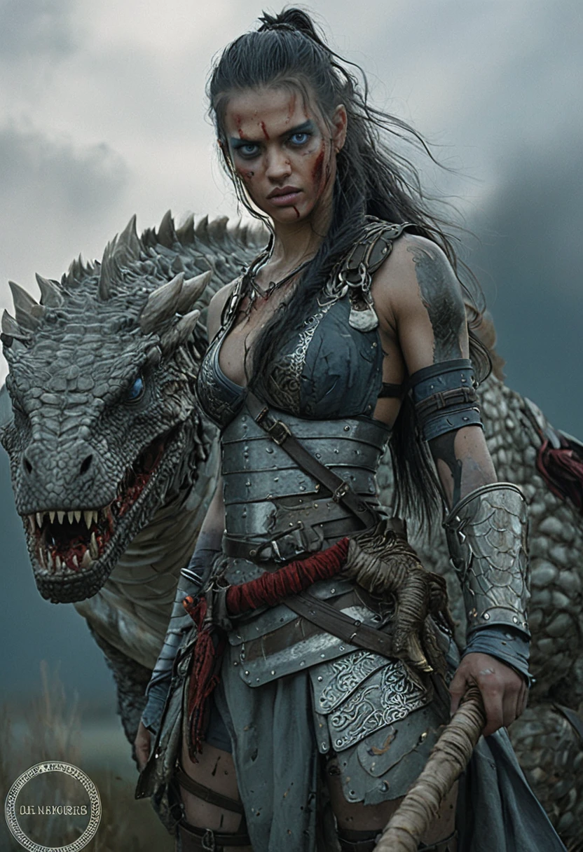 Battle hardened female warrior with spear in flaming ruins