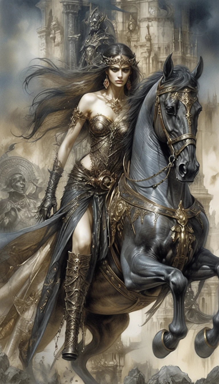 Regina guerriera dark fantasy a cavallo davanti alle rovine