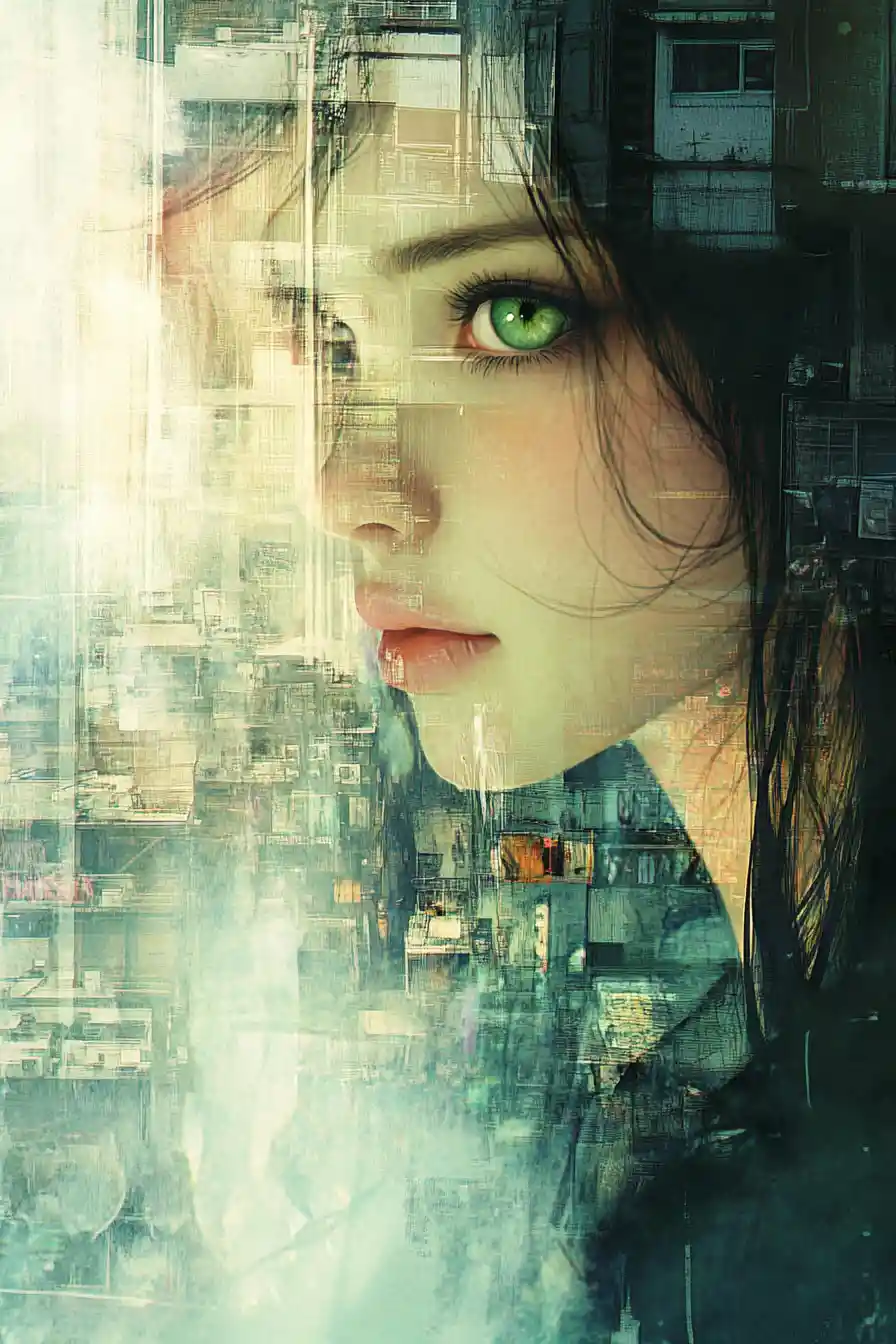 Ethereal woman on a balcony above a watercolor city
