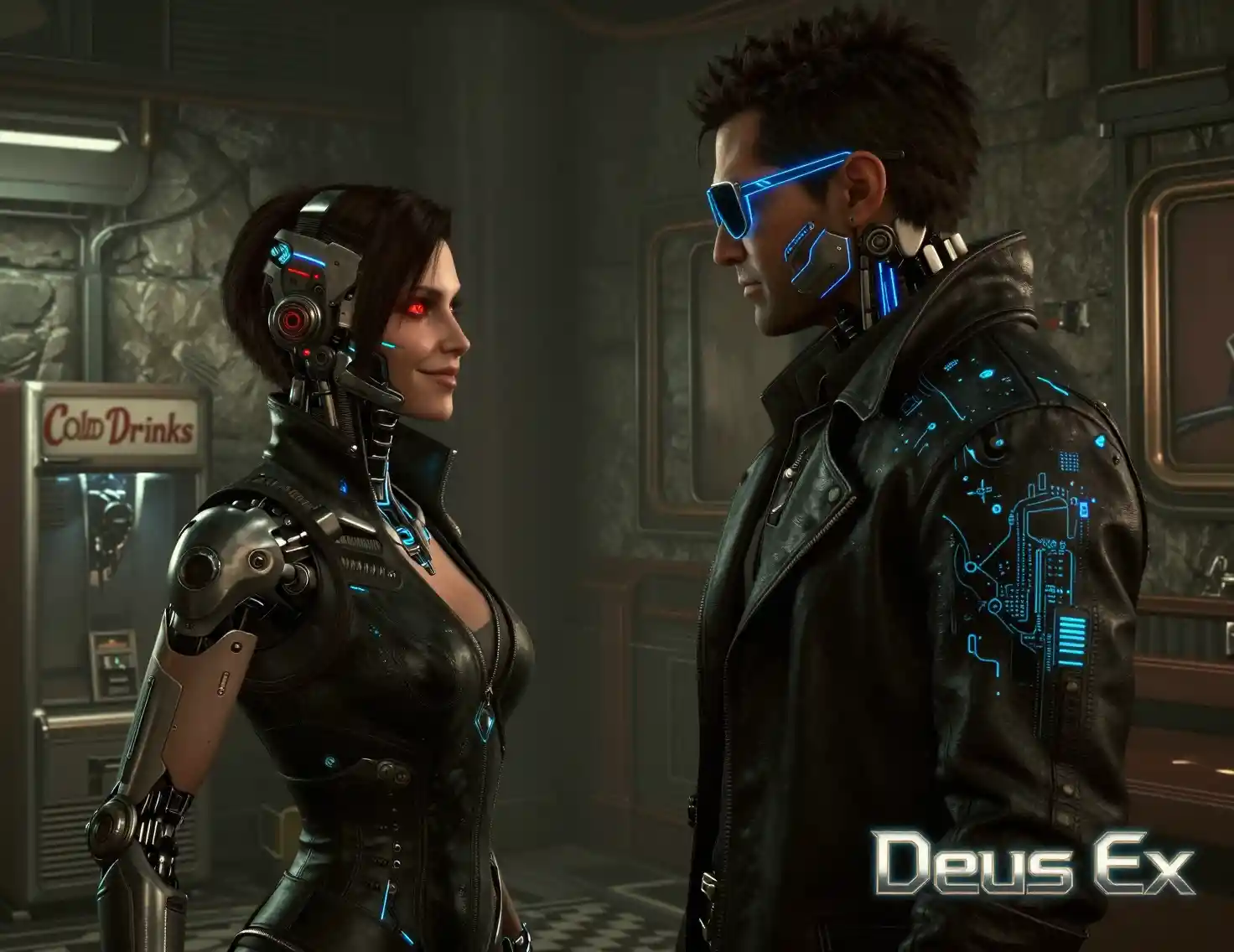 Cybernetic woman and detective in moody cyberpunk room
