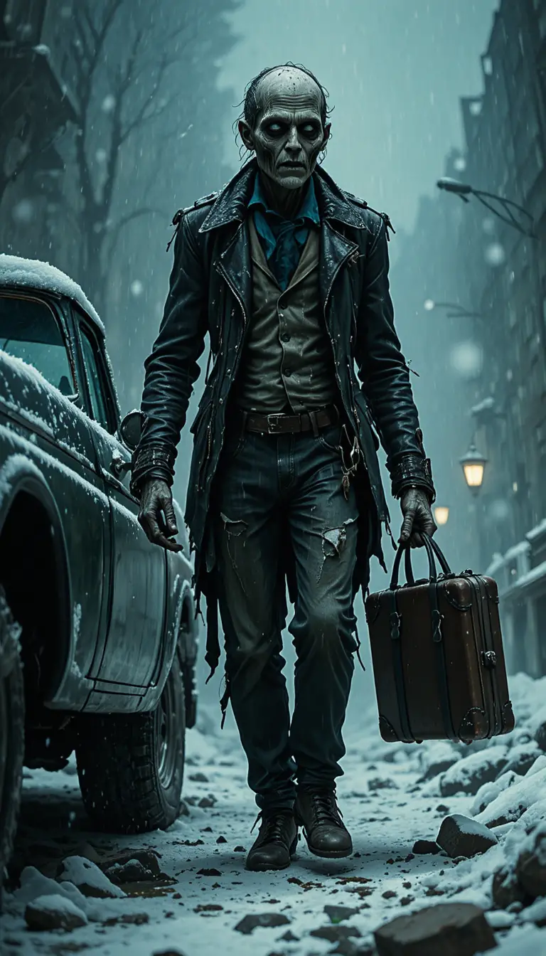 Zombie With Suitcase By Pickup Truck In Snowstorm