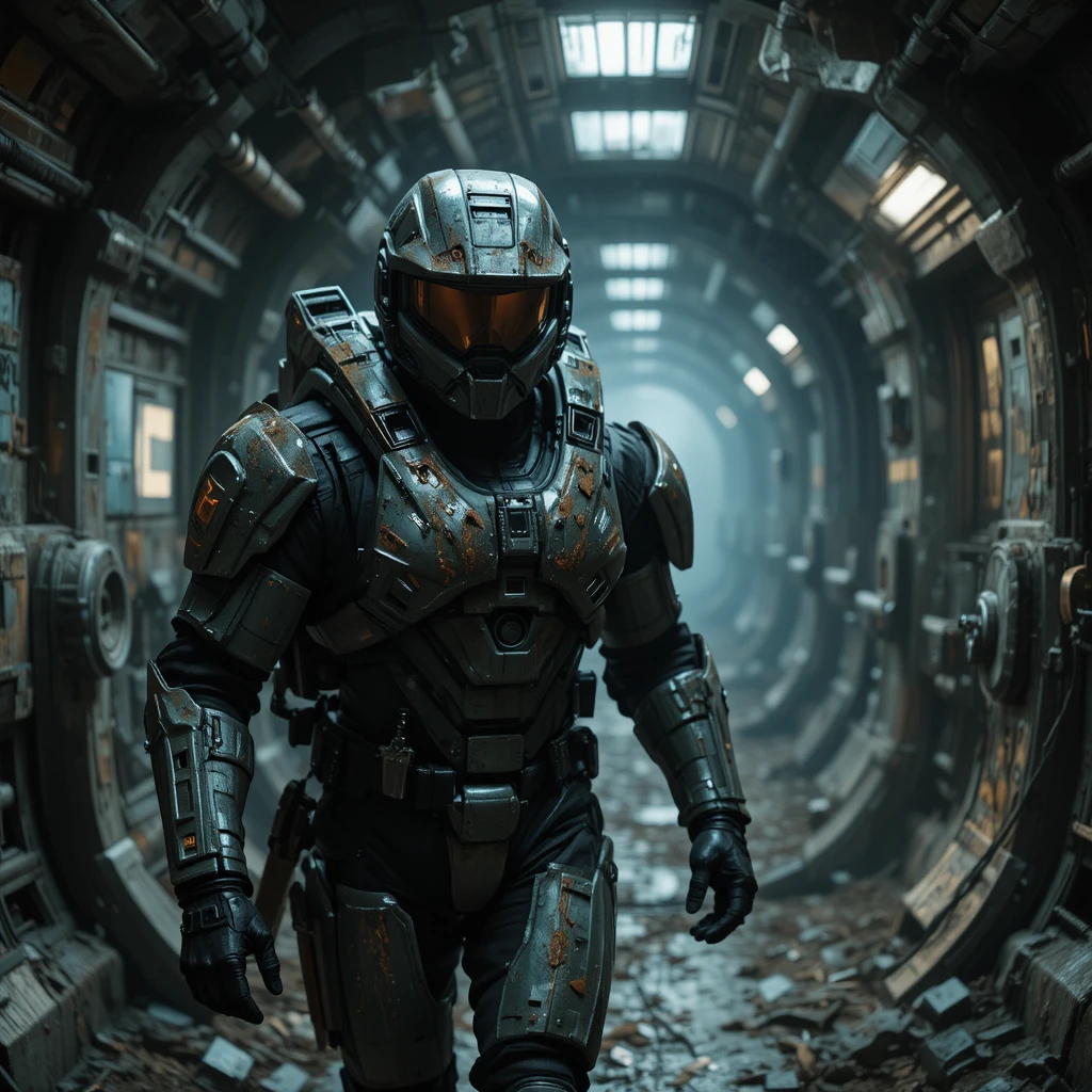 Armored super soldier in ruined alien spaceship corridor