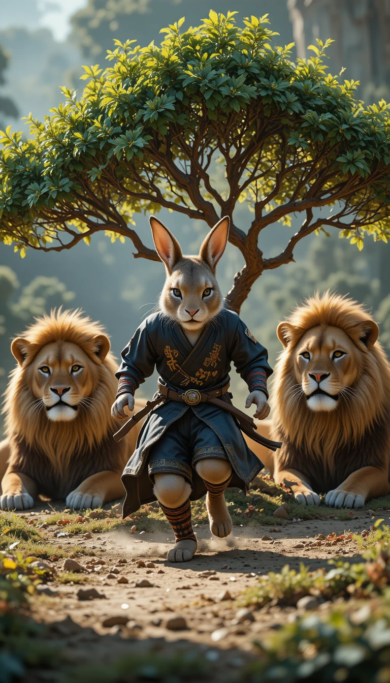 Samurai rabbit running past lions resting under a tree