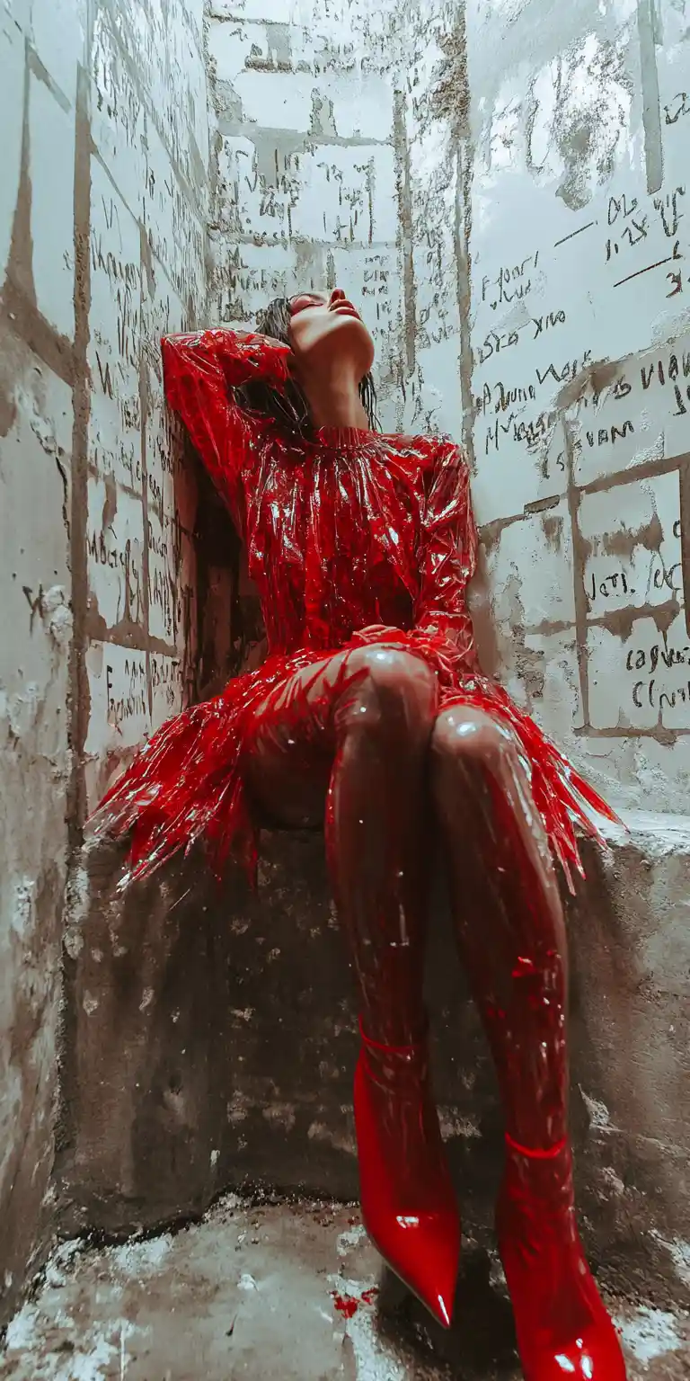 Femme fashion dans une installation éditoriale surréaliste et exiguë