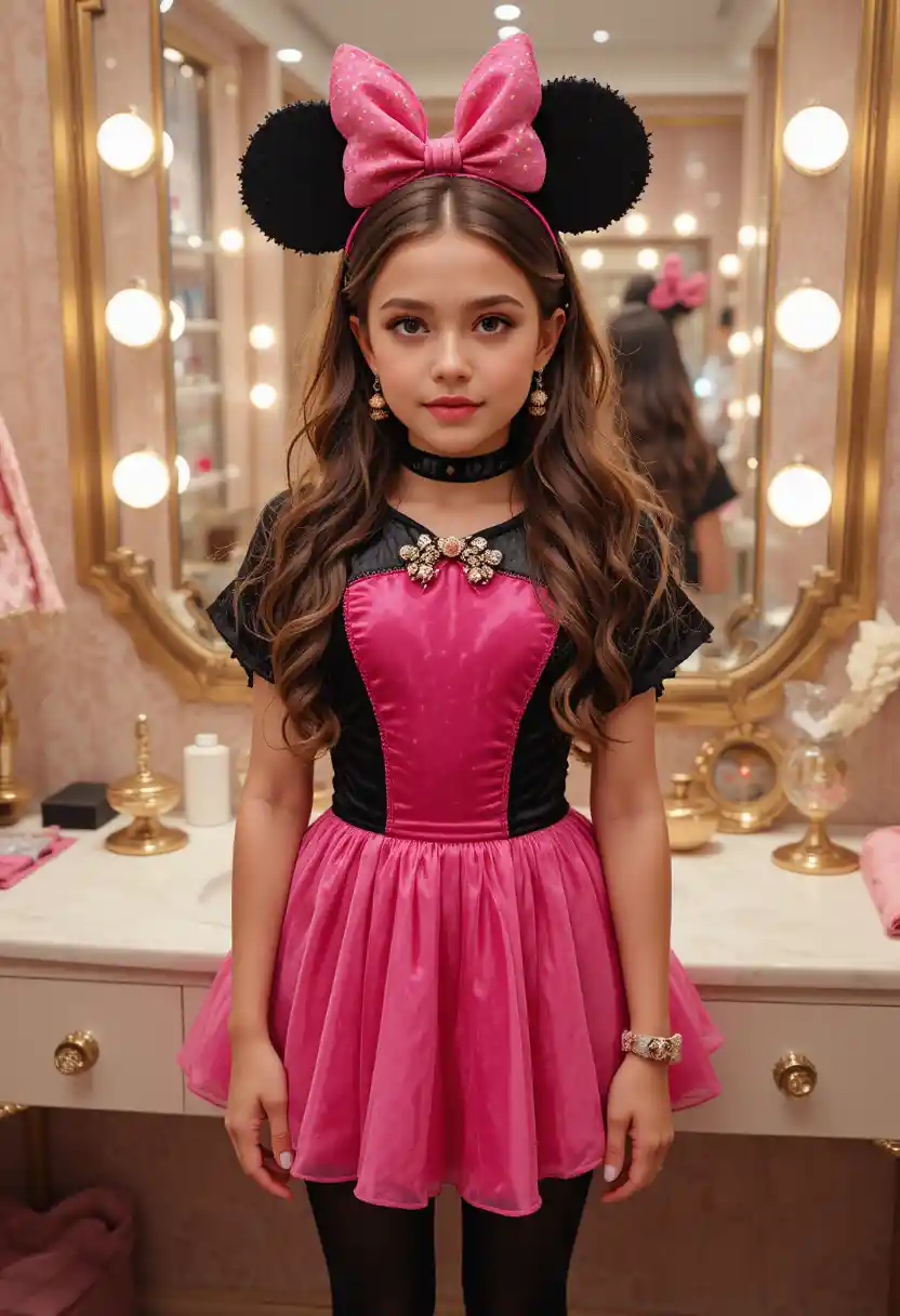 Tween boy in pink dress at boutique vanity