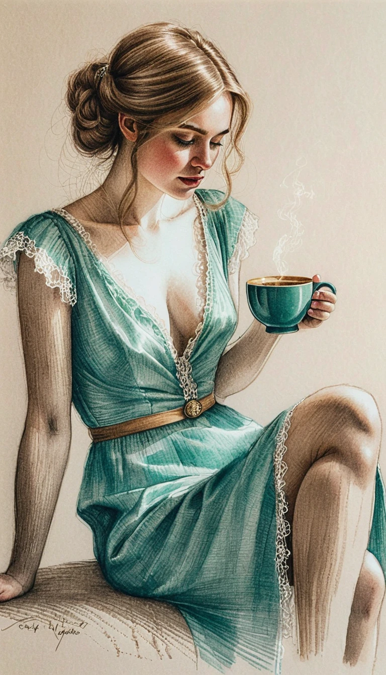 Elegant woman with tea by a sunlit window drawing