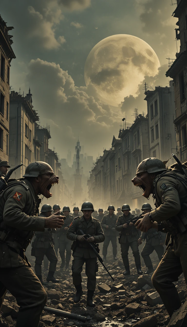 World War II soldiers battling werewolves in ruined city