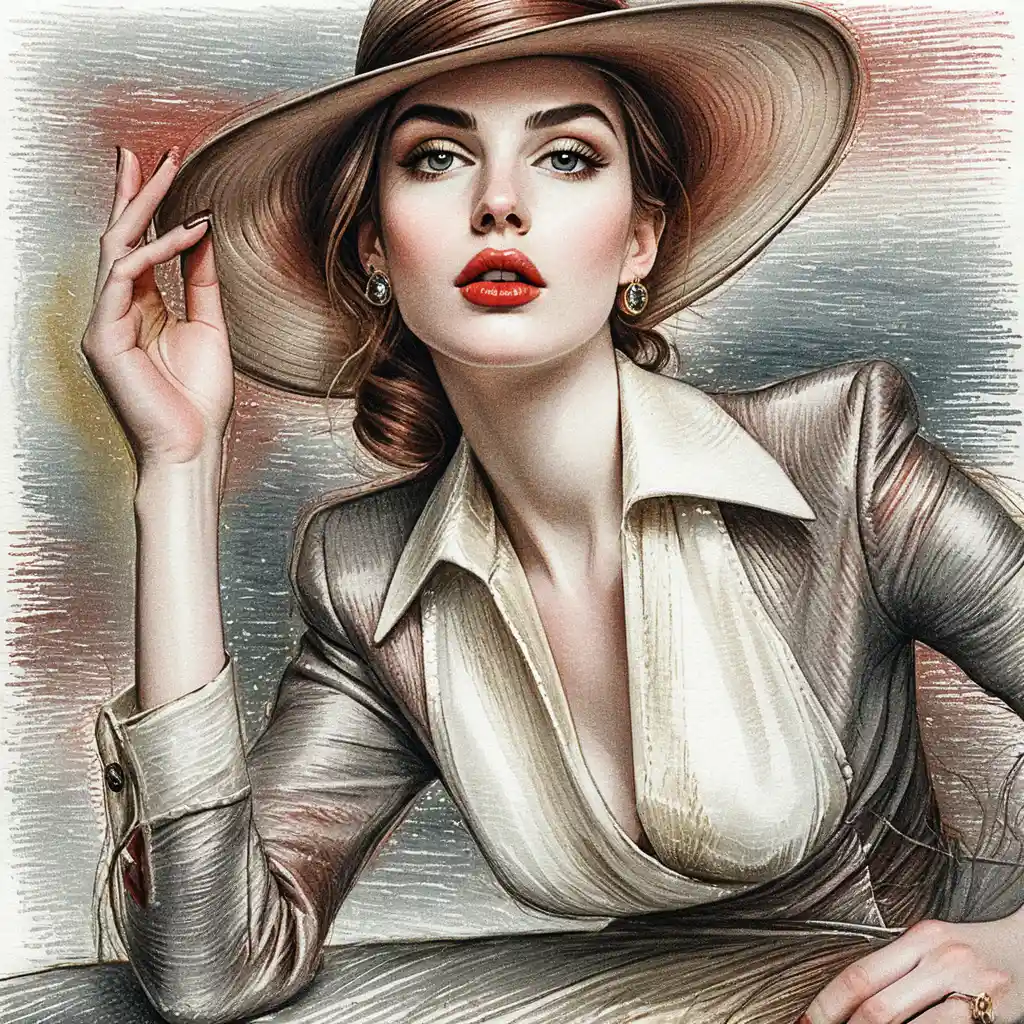 Donna elegante con fedora nera e giacca di pelle su misura