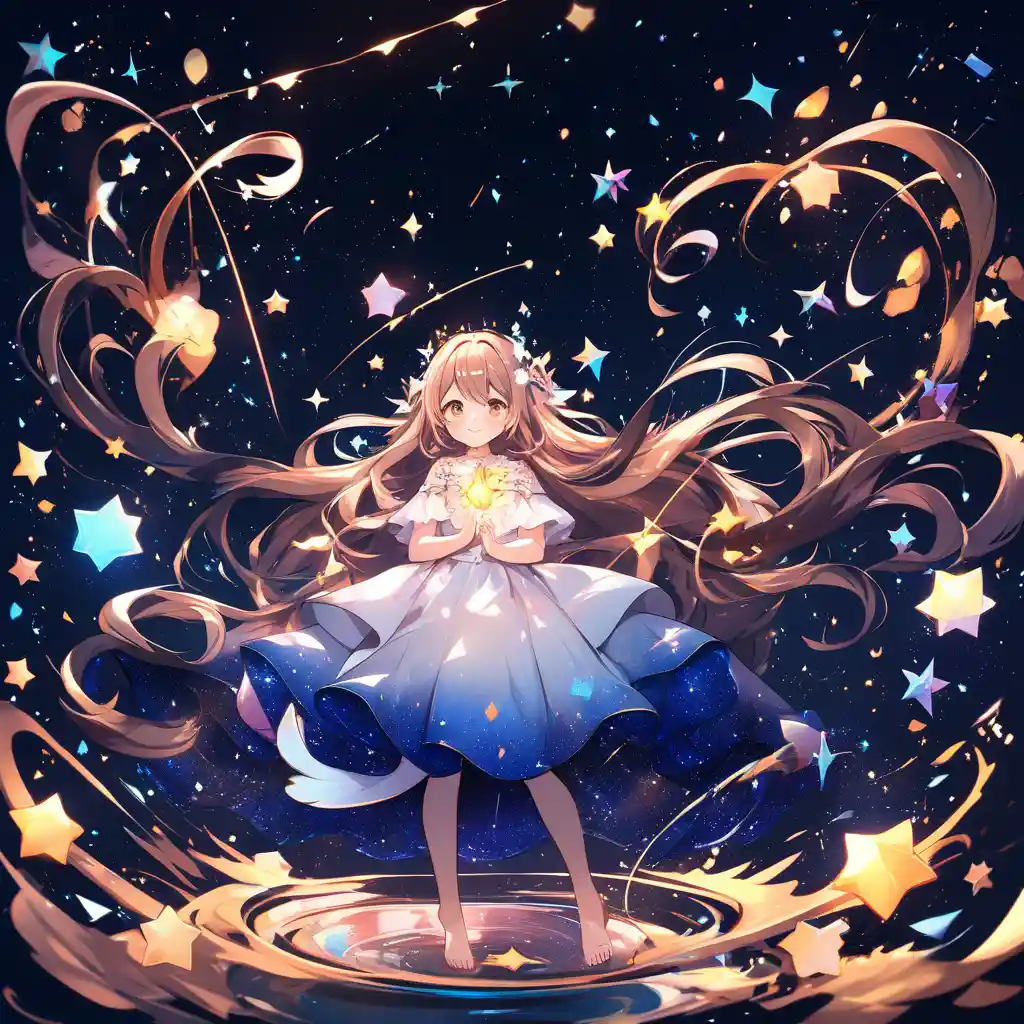 Teen girl walking barefoot through a glowing starry sky