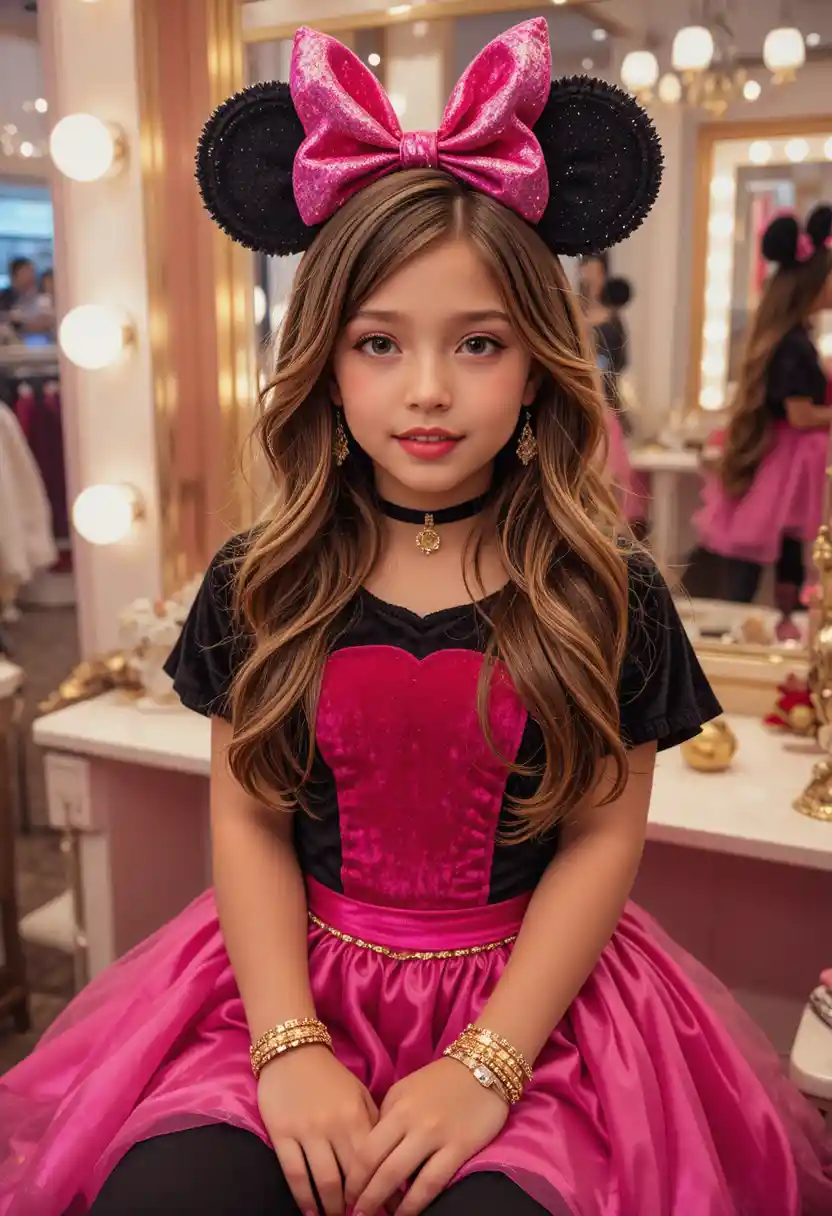 Ragazzo preadolescente con abito rosa di Minnie alla toelette di una boutique