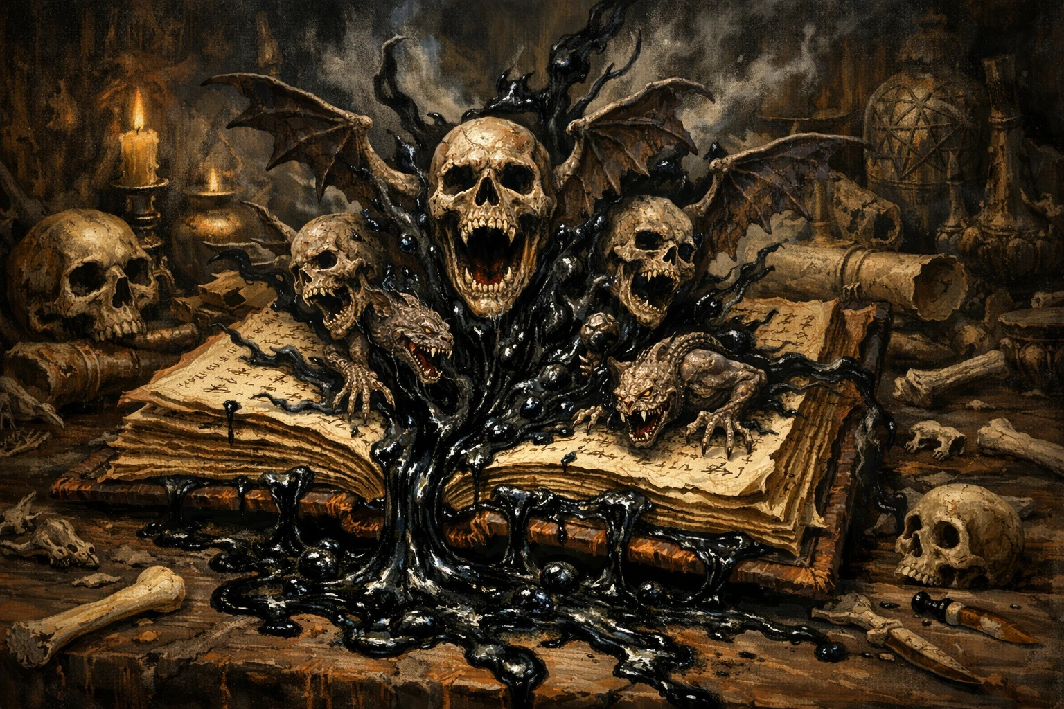 Libro maledetto che scatena teschi alati in una camera antica