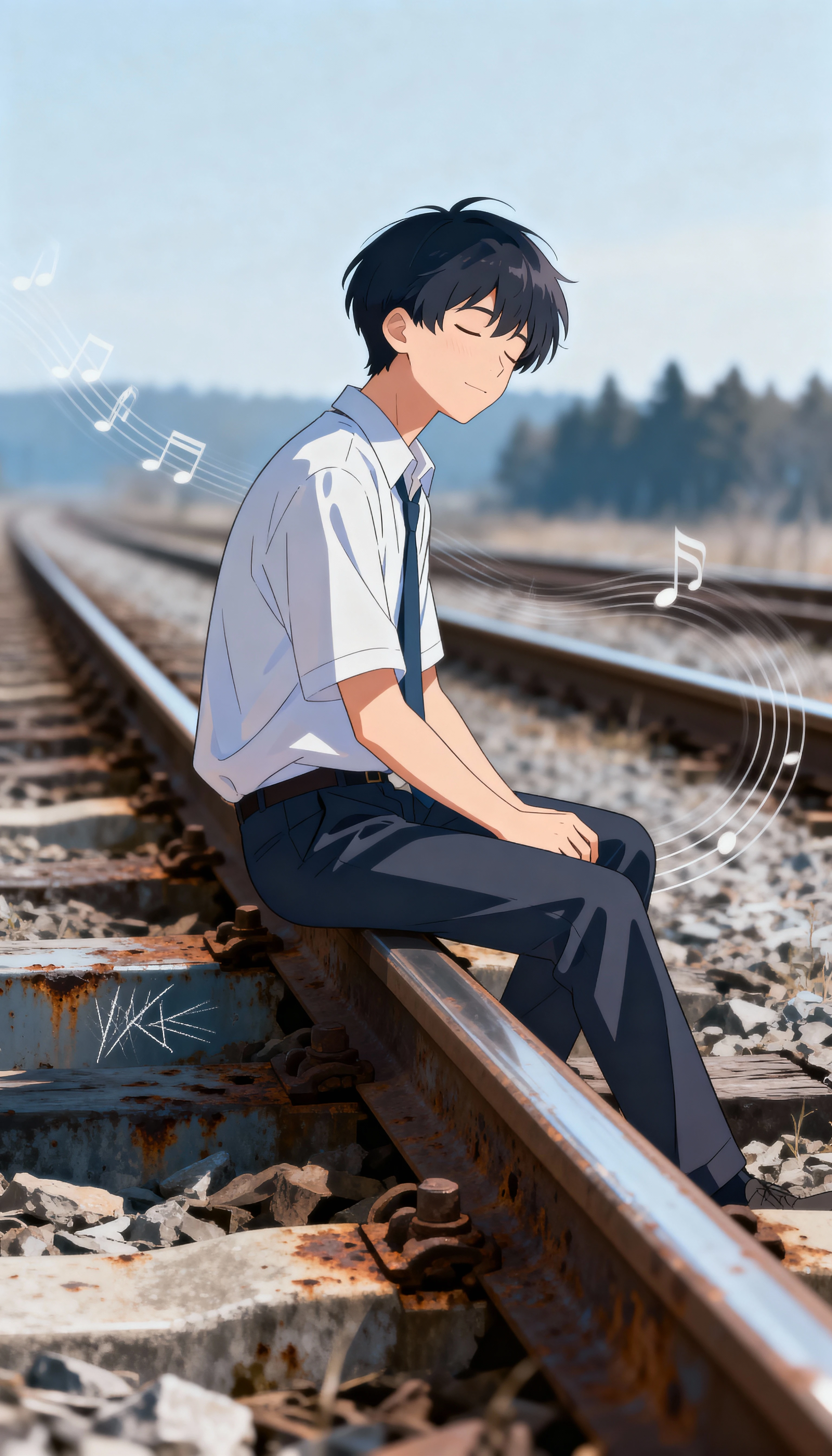 Calm anime boy resting on quiet metal railroad track