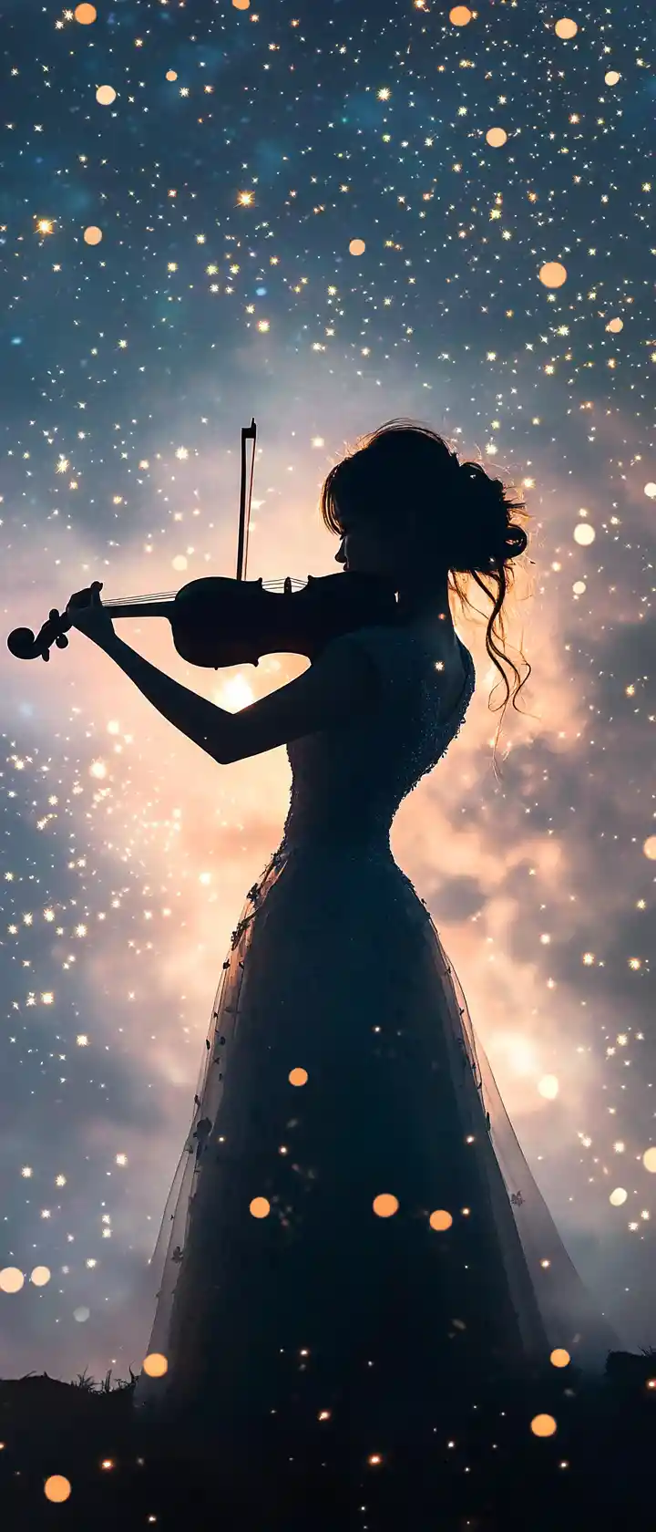 Japanese girl playing violin under a dreamy starry sky