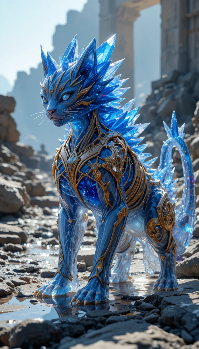Golem felino di cristallo su terreno roccioso illuminato dal sole
