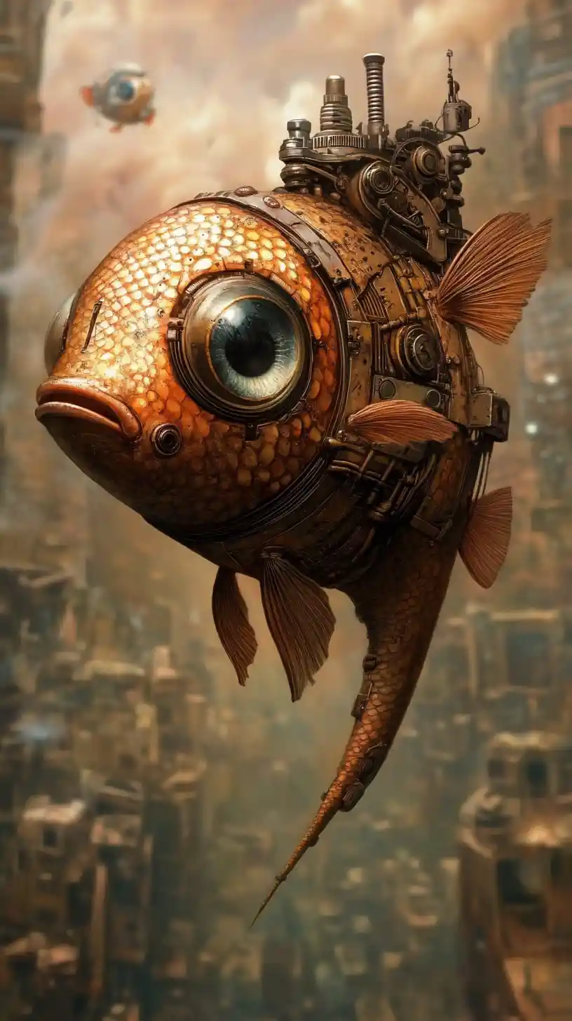 Pesce cibernetico che emerge da un orizzonte notturno surreale