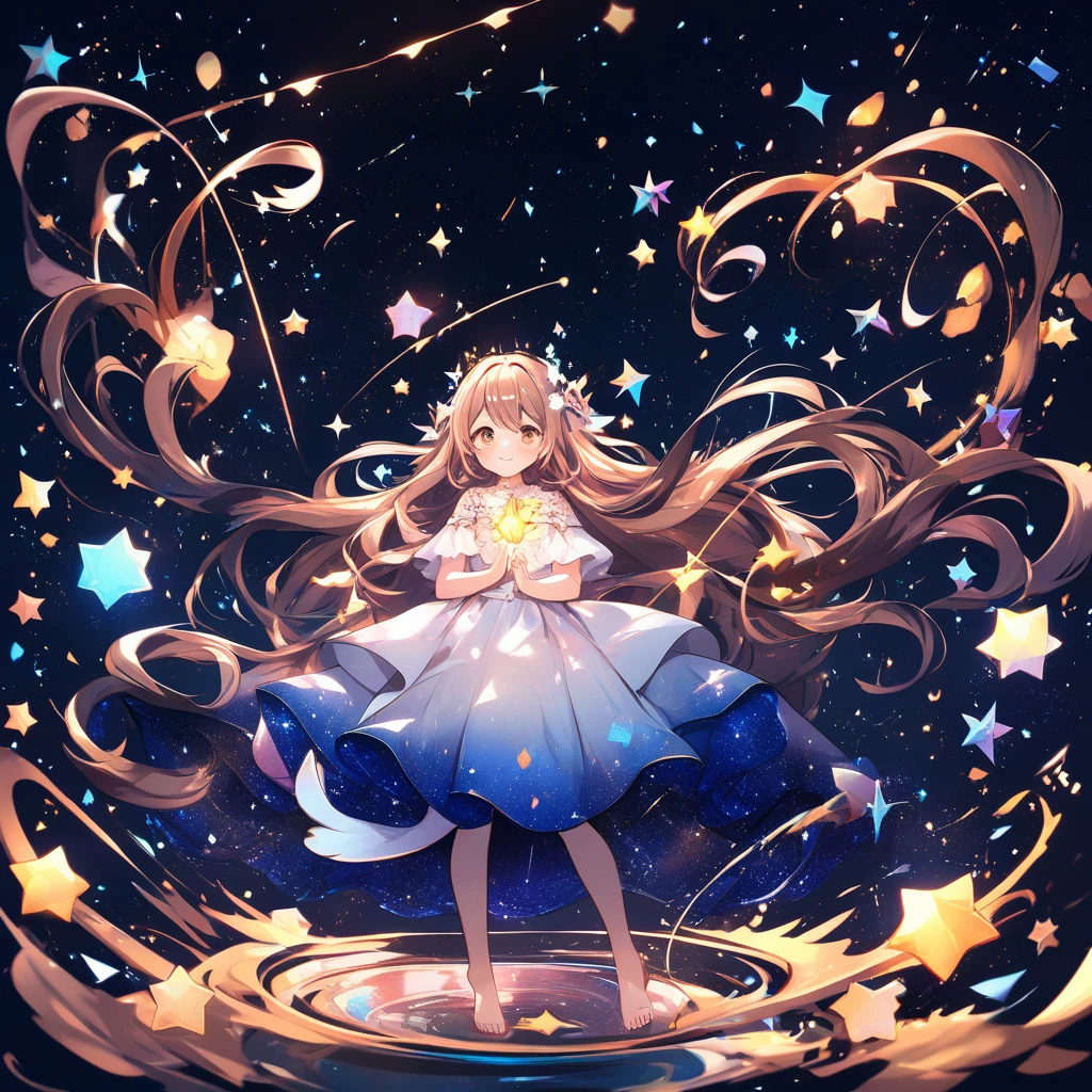 Teen girl walking barefoot through a glowing starry sky